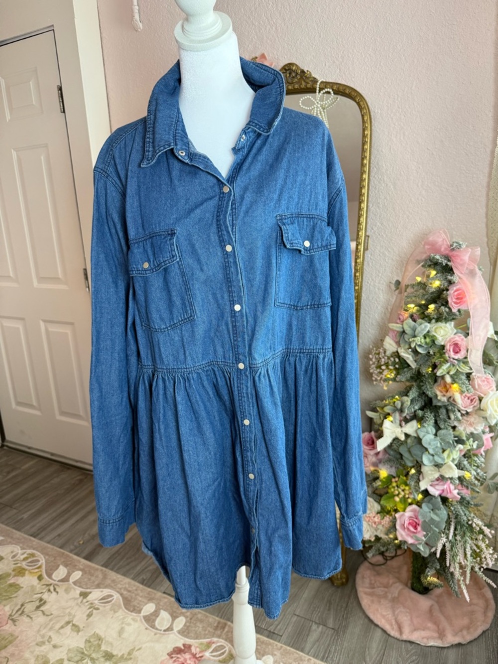 Denim Button-Front Shirtdress in Blue